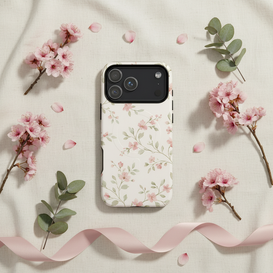 Rückseite der magSafe Hülle Cotton Kirschblüte Rosé mit weißem zweischichtigem Kirschblüten-Print und schwarzem Kameraausschnitt