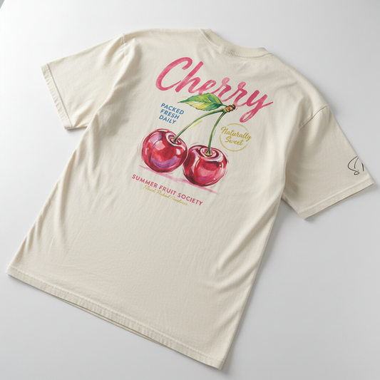 Cremefarbenes oversized bio-t-shirt aus baumwolle mit roter kirsche und pinkem cherry-schriftzug von summer fruit society