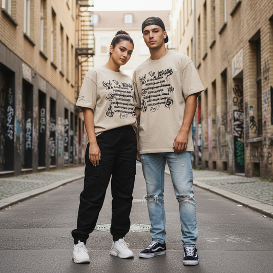 Beiges oversized t-shirt mit schwarz ink-stil text und illustration im design paragraf 188 kunst statement chaos