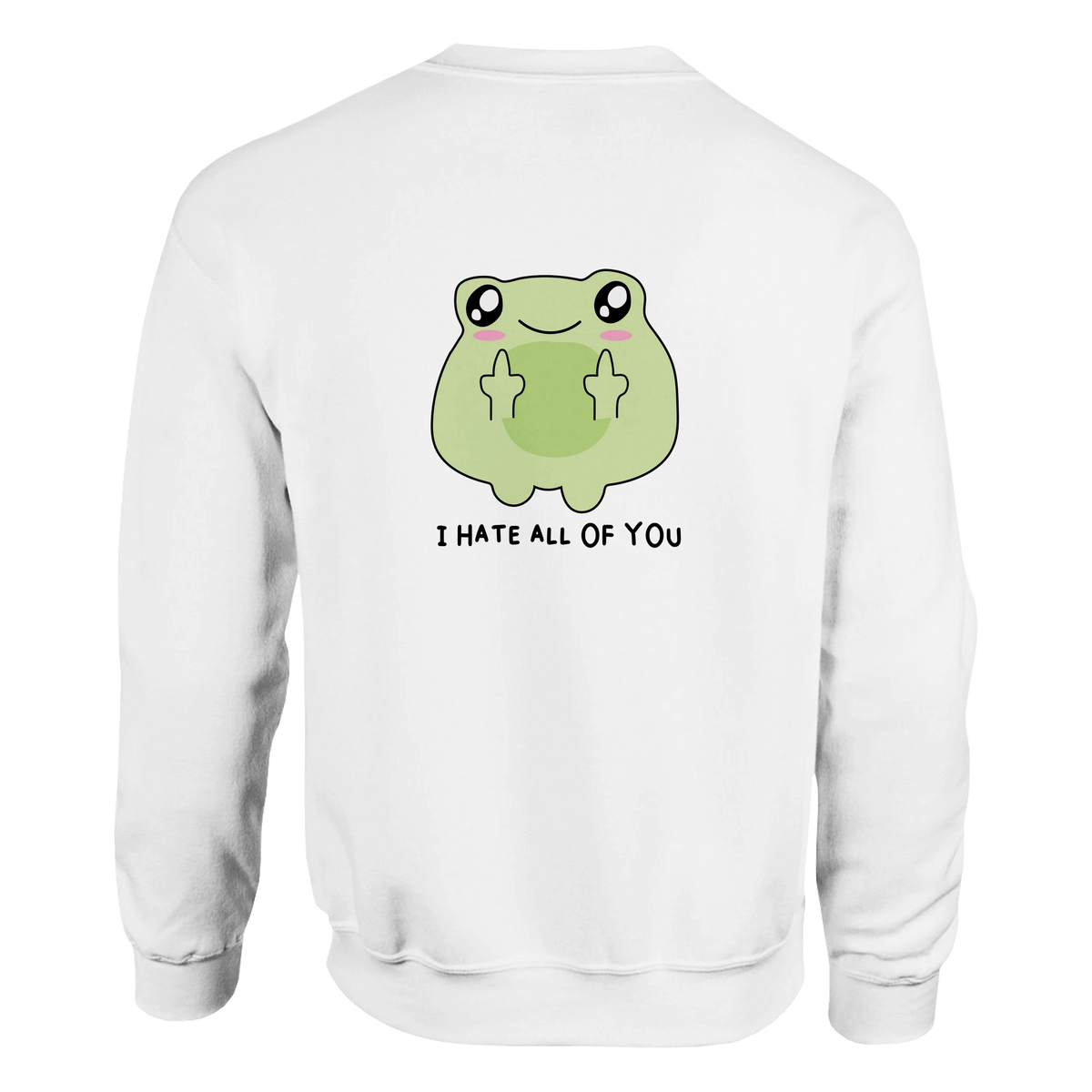 Weißer sweatshirt mit grünem cartoonfrosch und sarkastischem ich hasse euch alle design