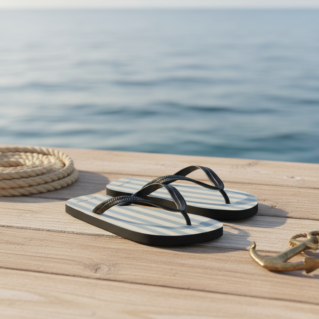 Leichte schwarze und weiße gestreifte flip-flops mit strukturierten schwarzen riemen ideal für strand und pool