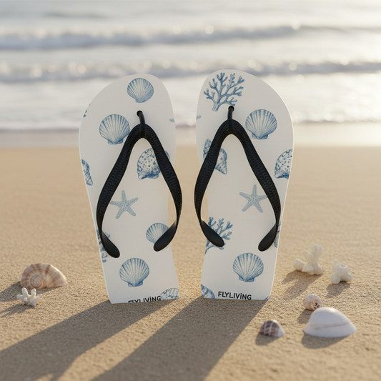 Weiße flip-flops mit schwarzen riemen und blauem meeresthema aus muscheln sternenfischen und korallen für strand und pool
