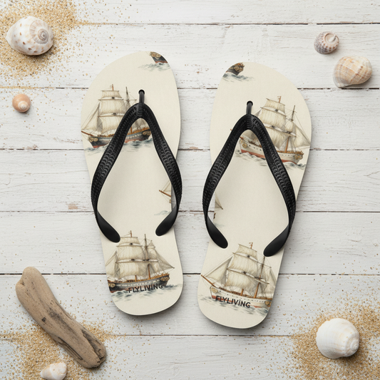 Beige flip-flops mit schwarzen riemen und vintage segelschiff illustration in sepia von fly living ideal für urlaub strand pool spa und meer