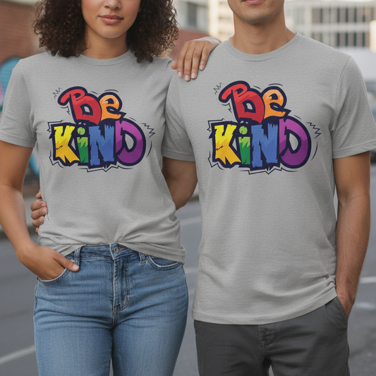 Unisex t-shirt aus bio-baumwolle in grau mit buntem graffiti-stil be kind schriftzug in regenbogenfarben