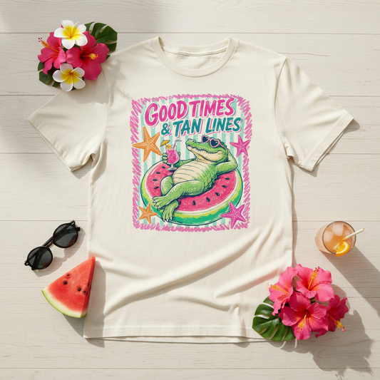 Creamfarbenes baumwoll-t-shirt mit lebendigem grafikdruck eines grünen alligators auf einer wassermelonenscheibe und text good times & tan lines in pink und teal