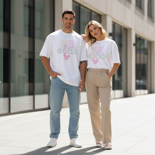 Weiße oversized bio-t-shirt be good mit pastellregenbogen-print und pinkem herz in schwarz und weiß