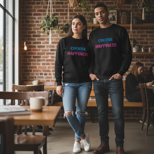 Schwarzer klassischer fleece-pullover mit choose fucking happiness schriftzug in blau und pink auf der brust