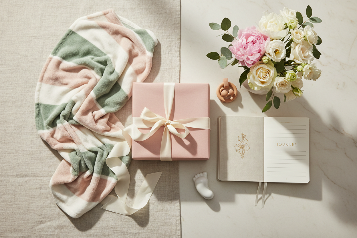 Kategoriebild für die Kategorie Geschenke zur Geburt und Schwangerschaft. Ein Blumenstrauß und ein Geschenk sind zu sehen.