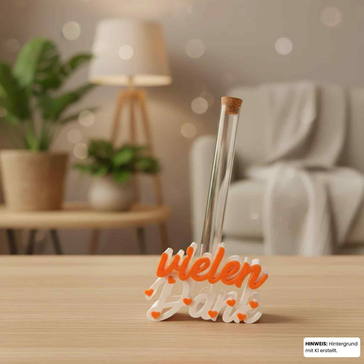 Schriftzug „Vielen Dank“ aus PLA | Deko-Aufsteller, mit oder ohne Reagenzglas