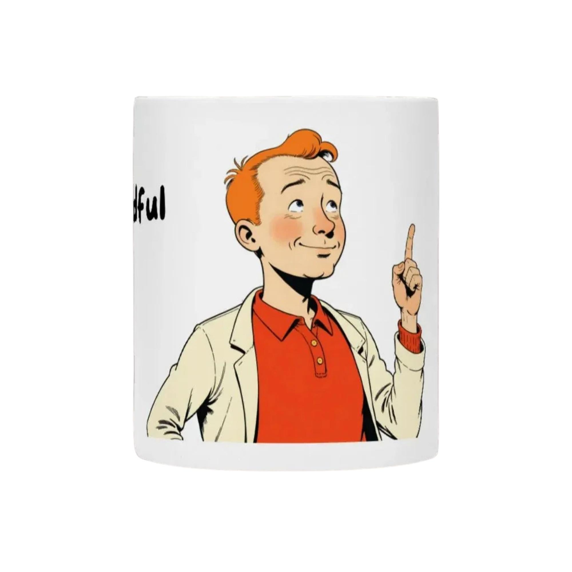 Weiße Tasse "be mindful" von flyliving mit Comicfigur und erhobenem Zeigefinger.