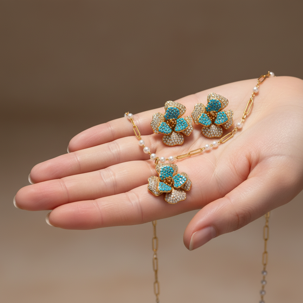 14K gold-plated jewelry set with flower-shaped turquoise and white zirconia and pearls by flyliving, held in an open hand.