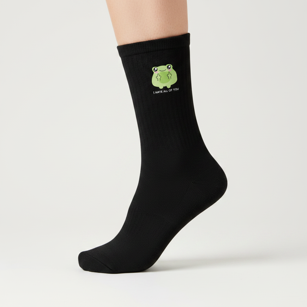 Lustige Frosch-Socken „I Hate All Of You“ | Unisex Baumwollsocken in Schwarz & Weiß