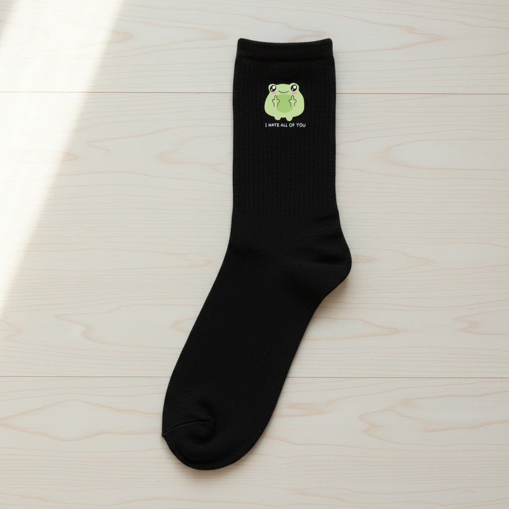 Lustige Frosch-Socken „I Hate All Of You“ | Unisex Baumwollsocken in Schwarz & Weiß