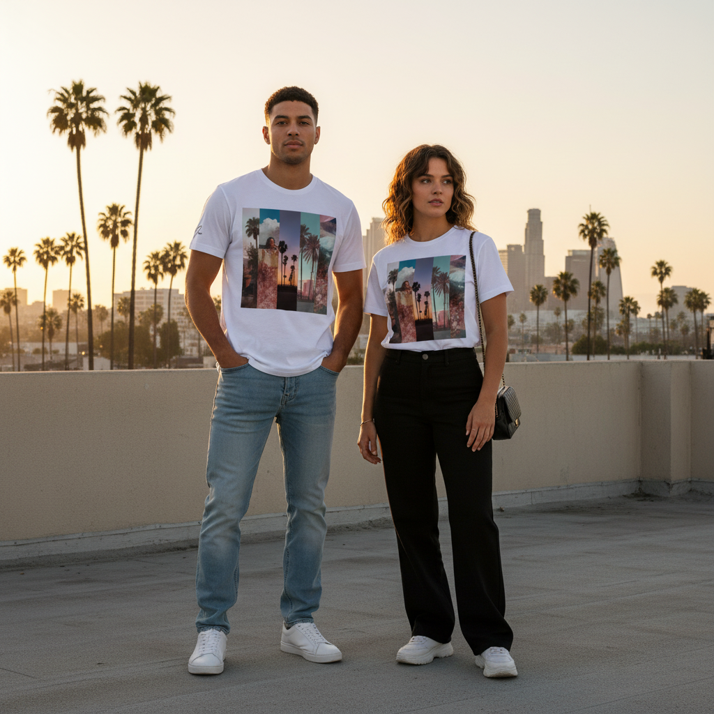 Weißes la sentimental heavyweight t-shirt mit buntem palms- und stadtmotiv print aus premium streetwear-basic Baumwolle