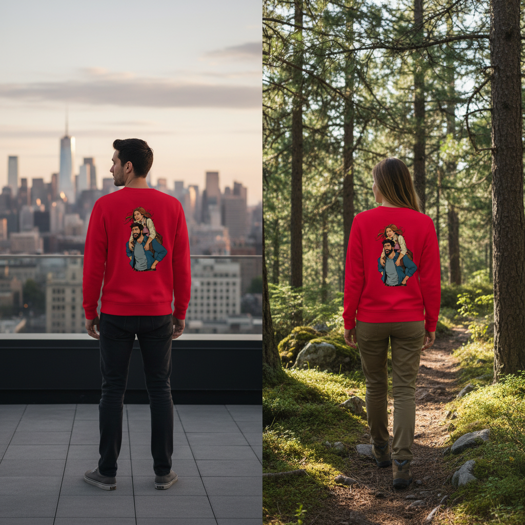 Roter vintage comic pullover mit aufdruck eines mannes der ein kind auf den schultern trägt eleganter alltagsstil
