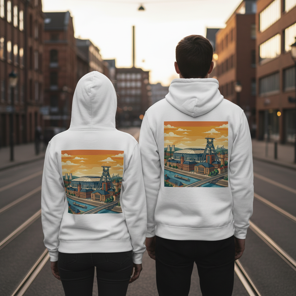 Weißes kapuzenpullover mit buntem illustrativem städte-hinterdruck auf der rückseite nachhaltiger reißverschluss
