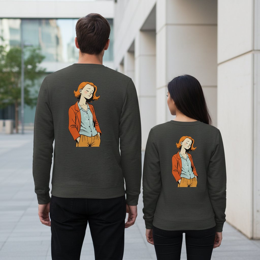 Dunkelolivgrüner crewneck sweatshirt mit cartoonillustration einer frau mit orangen haaren im orange jacke vintage comic pullover für alltag und style