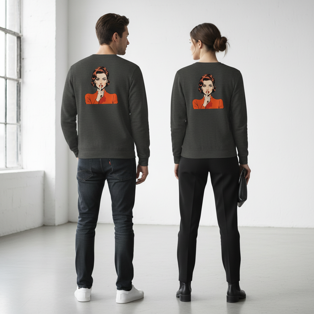 Dunkelgrauer crewneck vintage comic pullover mit leuchtend orangefarbenem pop-art frauenmotiv für alltag und style