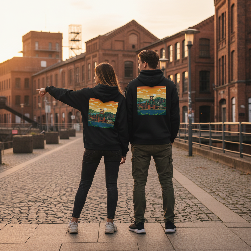 Black hooded sweatshirt with colorful scenic print on back featuring mountains water industrial structure under sunset