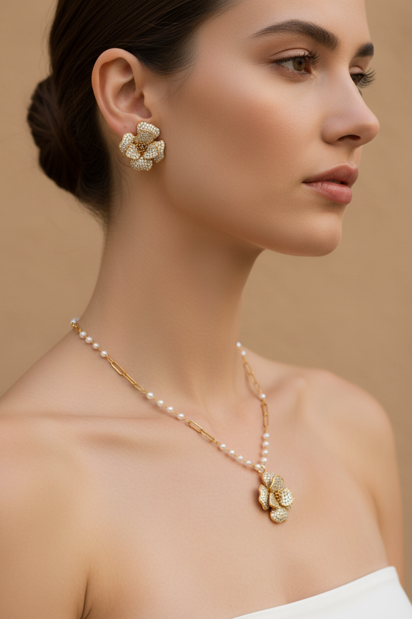 14K gold-plated zirconia and pearl jewelry set by flyliving, featuring flower earrings and a matching pearl necklace on a woman.