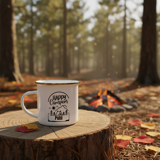 Personalisierte Emaille Tasse Camping Design - Wunschname - Outdoor Geschenk für Wanderer, Camper und Abenteurer
