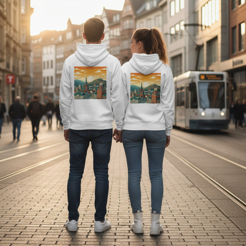 Weißer kapuzenpullover mit buntem städte-humor grafikdruck auf der rückseite nachhaltiger reißverschluss hoodie