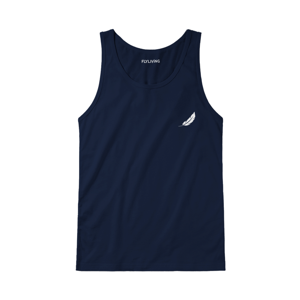 Navyblaues flyliving tanktop mit weißem federnlogo für den retro comic unisex tank-top sarkastisches design