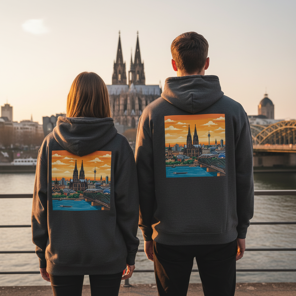 Dunkelgrauer hoodie mit nachhaltigem reißverschluss und buntem städte-print auf der rückseite deutscher humor backprint