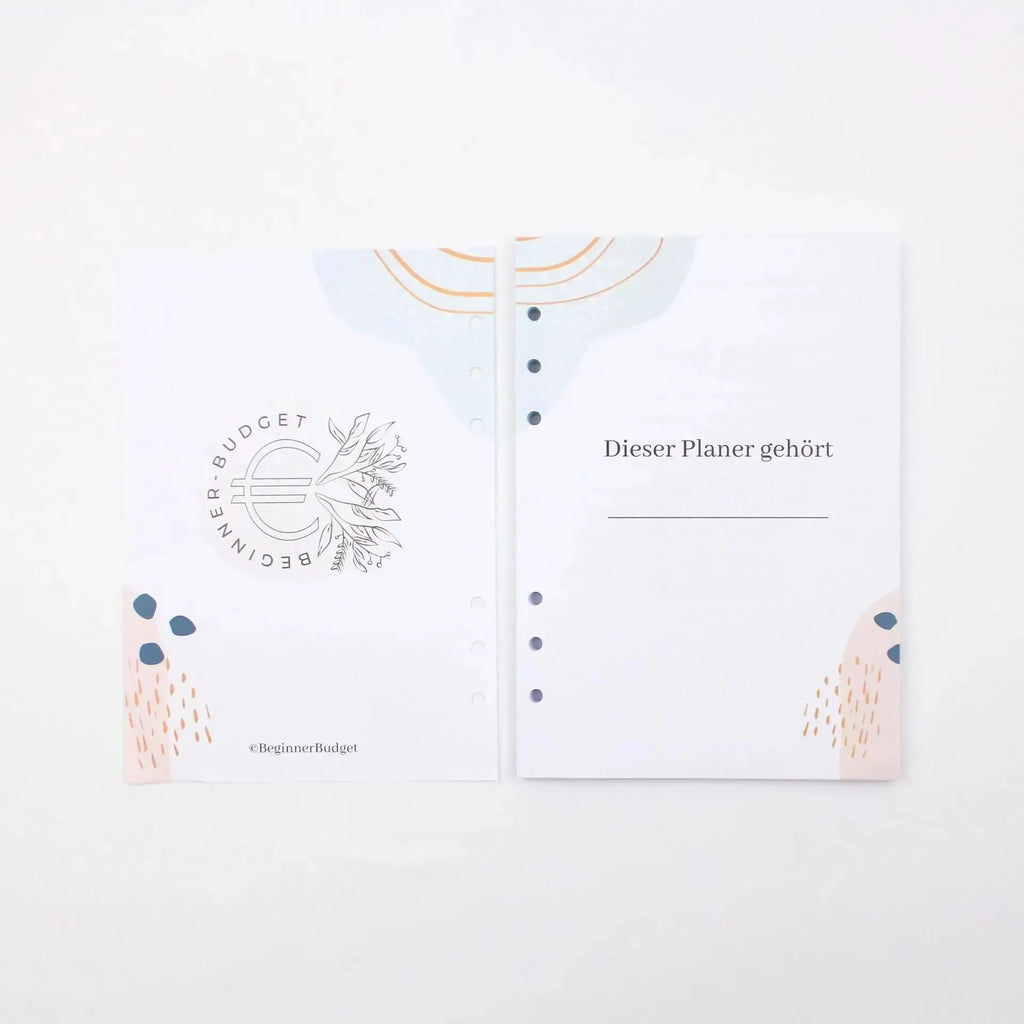 Ein weißes Papier mit einem grafischen Design, das vom BeginnerBudget Budget Planer (Jahresunabhängig) inspiriert ist - DIN A5.