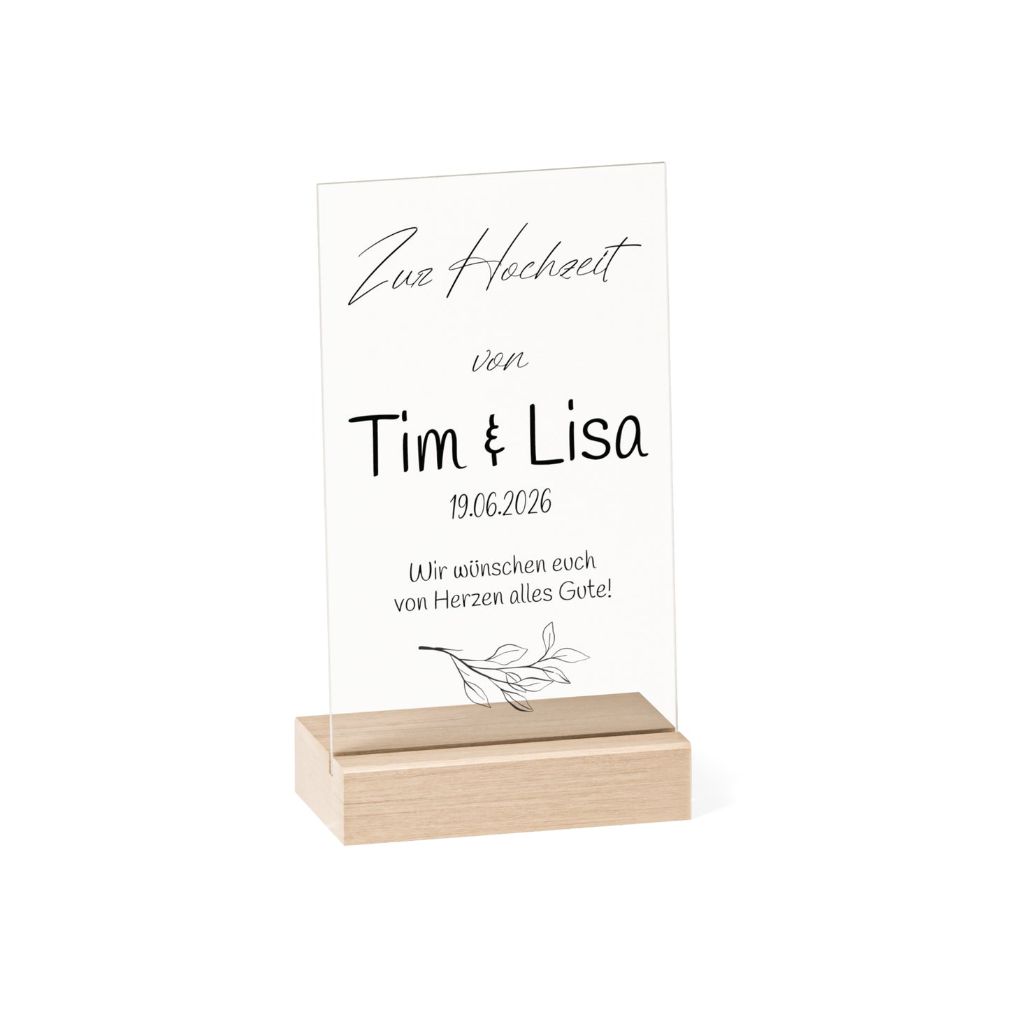 Personalisierte Acryl Tafel zur Hochzeit, mit Holzsockel - Daten Schild zur Hochzeit Geschenk zur Hochzeitsfeier