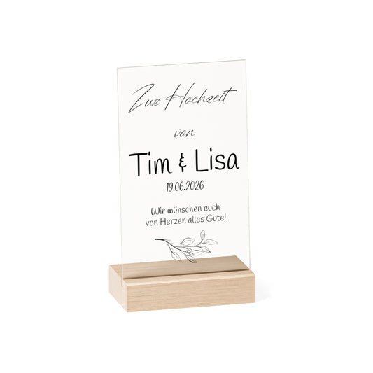 Personalisierte Acryl Tafel zur Hochzeit, mit Holzsockel - Daten Schild zur Hochzeit Geschenk zur Hochzeitsfeier