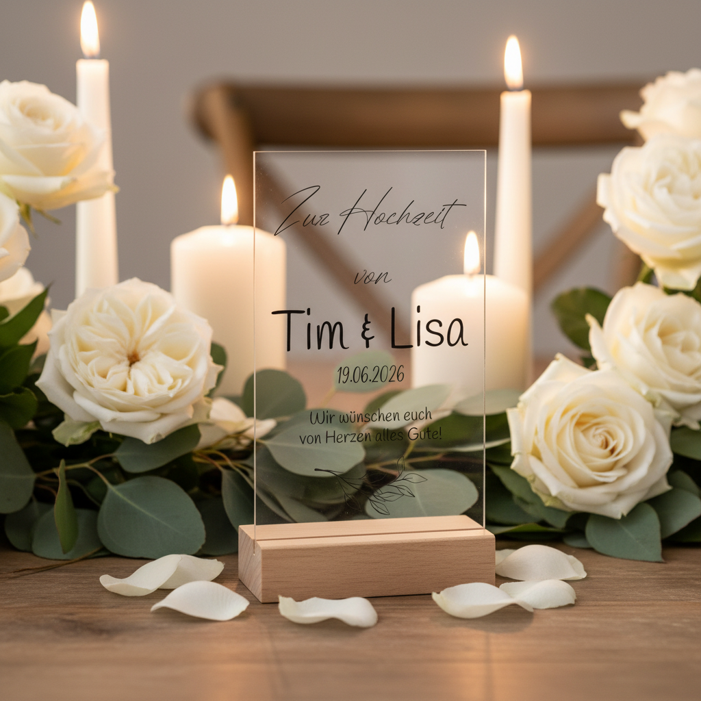 Personalisierte klare acryl tafel zur hochzeit mit schwarzer schrift auf hellem holzsockel als geschenk