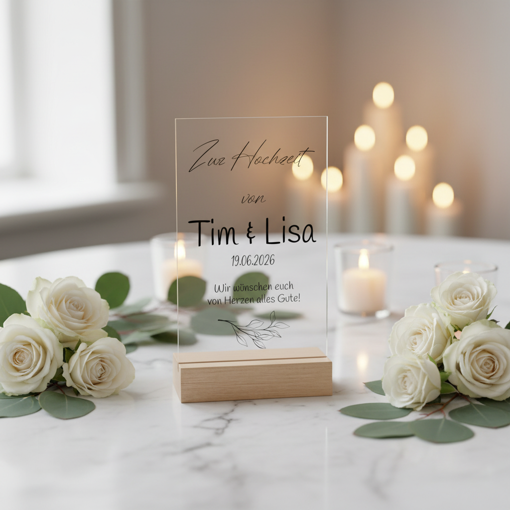 Personalisierte klare acryl tafel zur hochzeit mit schwarzem text auf hellholzsockel als daten schild