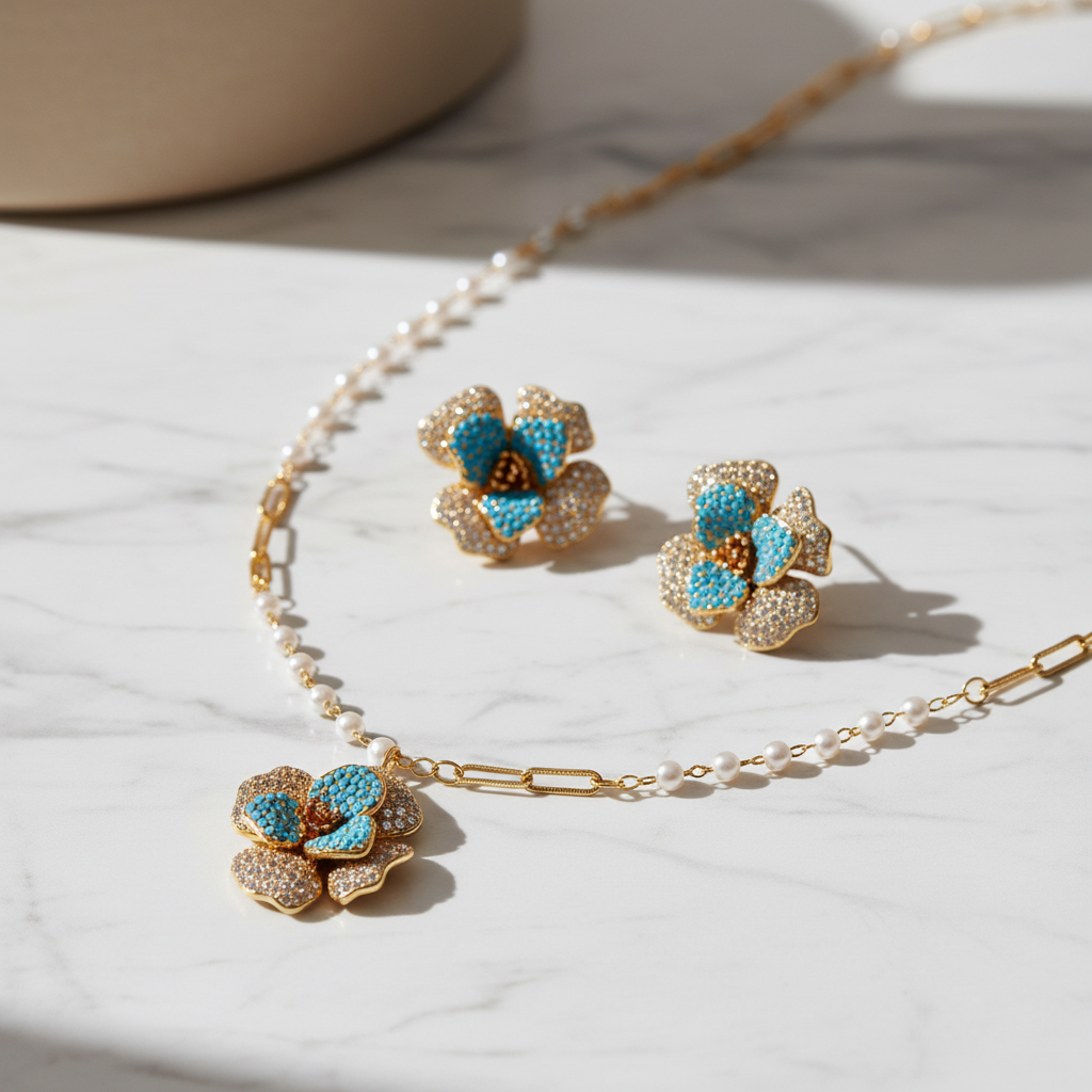 14K gold-plated flower jewelry set by flyliving with blue and clear zirconia, pearl necklace, and matching stud earrings.