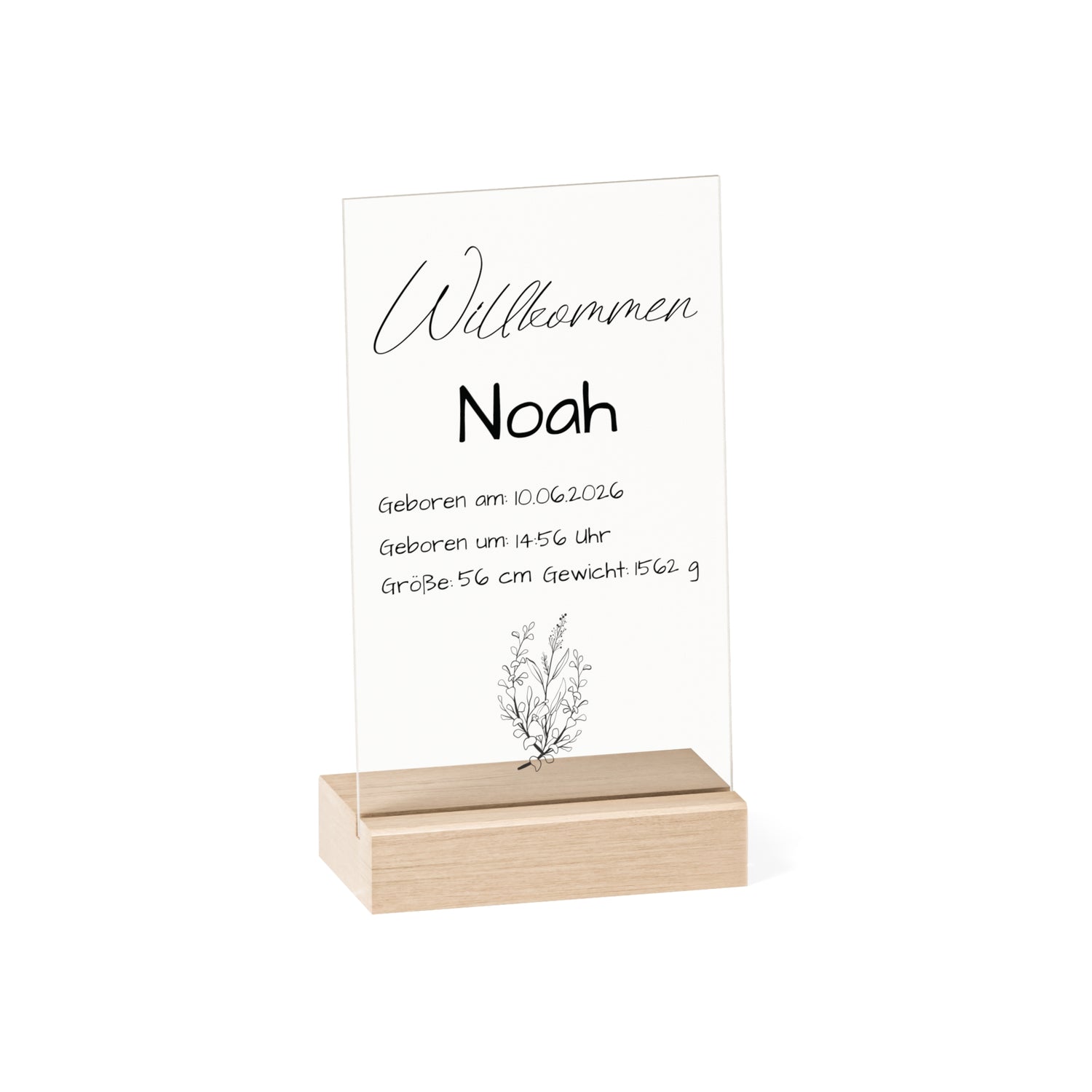 Personalisierte klare acryl tafel zur geburt mit schwarzer schrift auf hellem holzsockel als babyshower geschenk