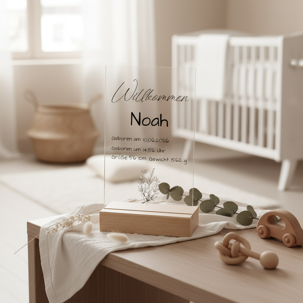 Personalisierte Acryl Tafel Geburt mit Holzsockel - Baby Daten Schild zur Geburt, Geschenk zur Babyshower, Kinderzimmer Deko