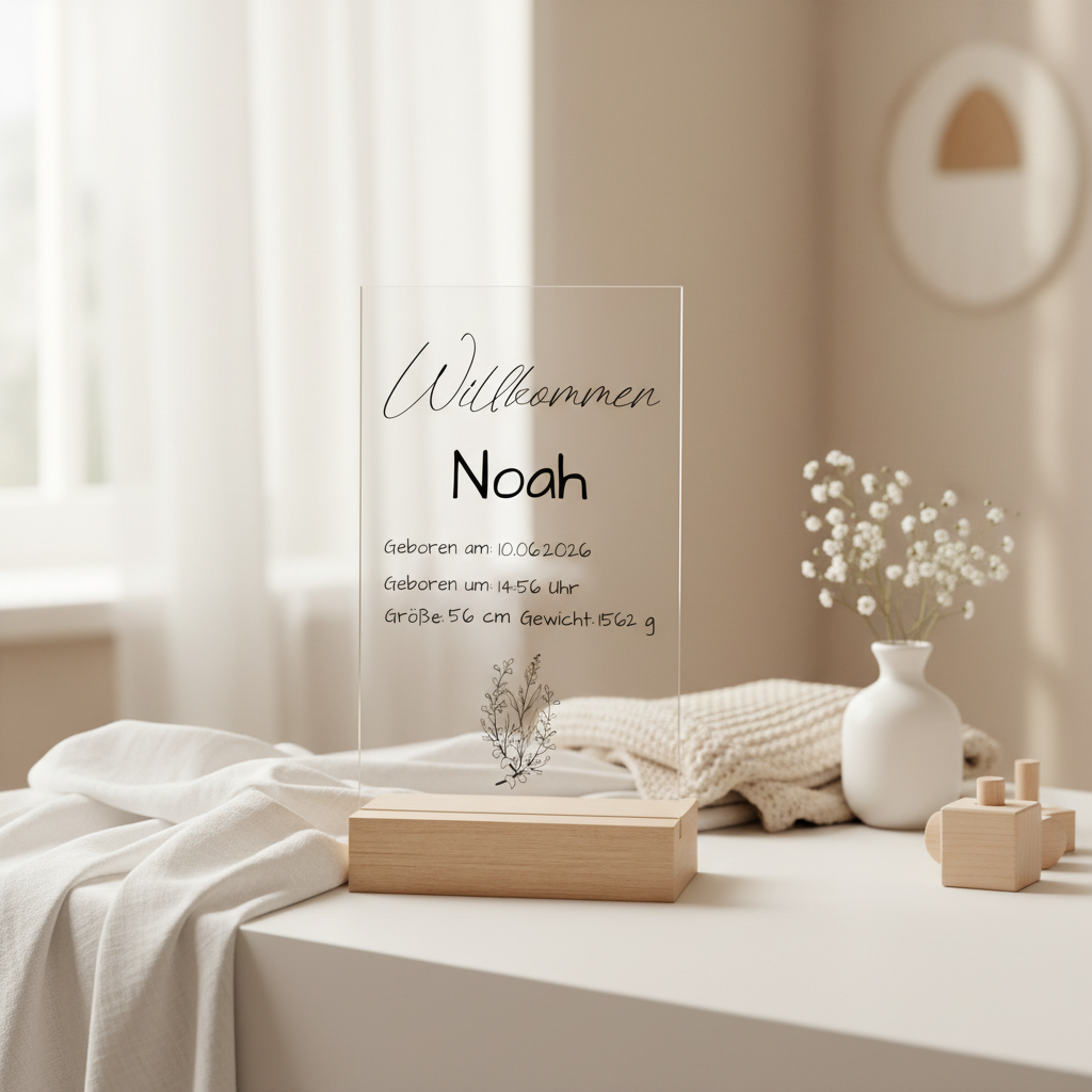 Personalisierte Acryl Tafel Geburt mit Holzsockel - Baby Daten Schild zur Geburt, Geschenk zur Babyshower, Kinderzimmer Deko
