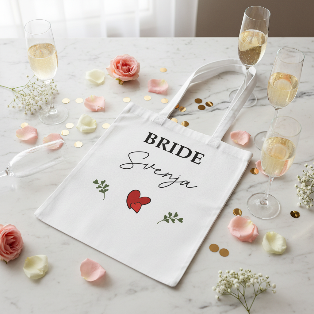 Weißer canvas jutebeutel mit schwarzem bride svenja schriftzug, roten herzen und grünen blättern für junggesellenabschied