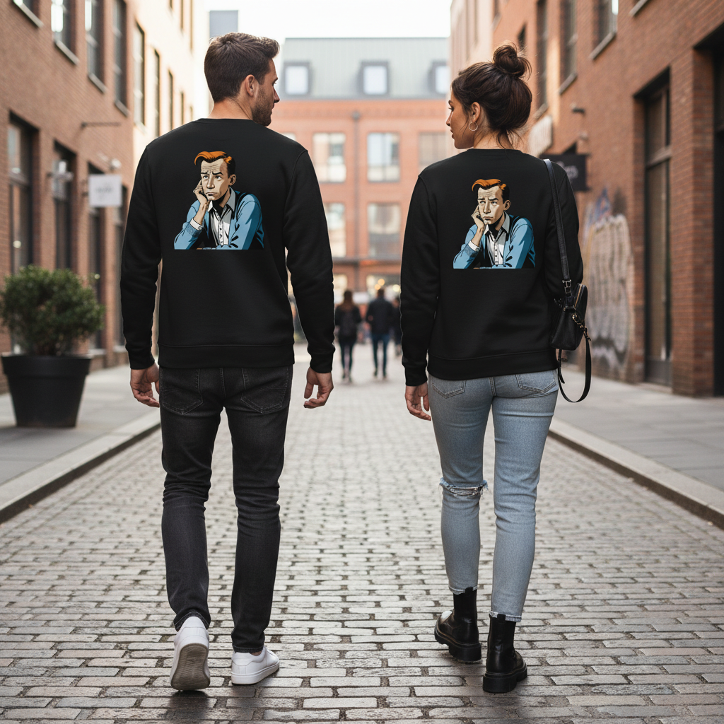 Schwarzer crewneck sweatshirt mit bunter cartoonillustration eines mannes im blauen anzug auf der rückseite vintage comic pullover humorvoller sarcasm pullover für alltag und style