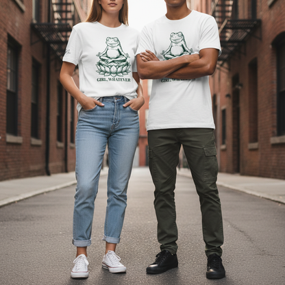 Weißes t-shirt mit grünem linienillustration eines meditierenden froschs auf lotusblüte und text girl