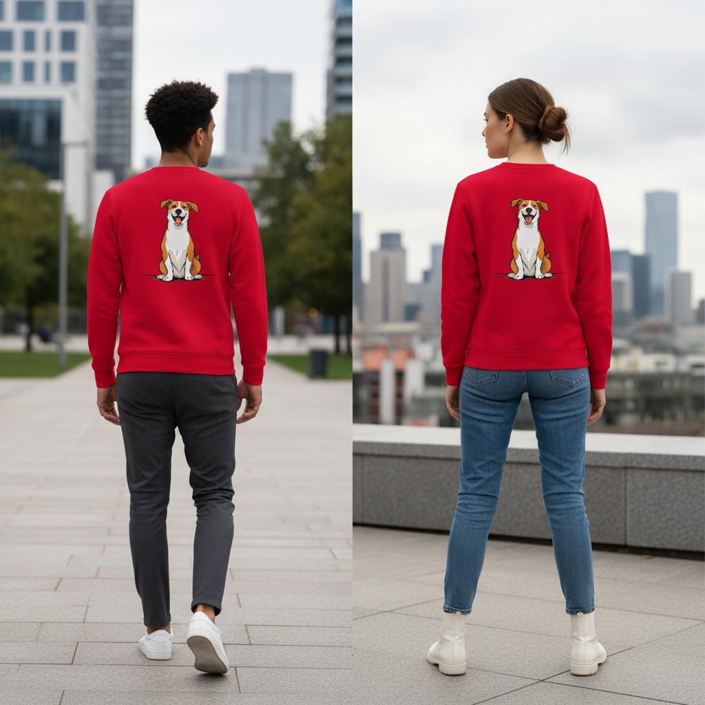 Roter vintage comic pullover mit cartoonabbildung eines lächelnden braun-weißen hundes auf der rückseite