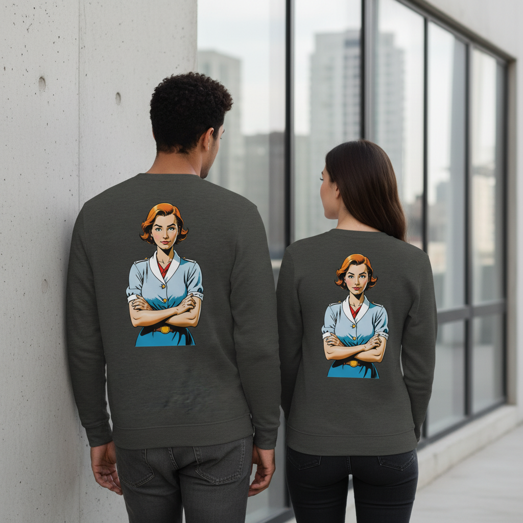 Dunkelgrauer vintage comic pullover mit retro-illustration frau in blauem uniform und verschränkten armen