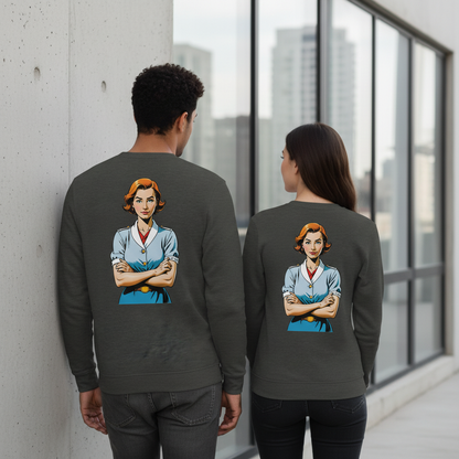 Dunkelgrauer vintage comic pullover mit retro-illustration frau in blauem uniform und verschränkten armen