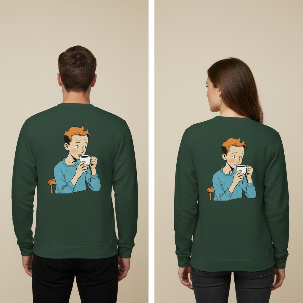 Dunkelgrüner vintage comic pullover mit cartoon-junge orange haare und weißer tasse humorvoller sarazismus für alltag