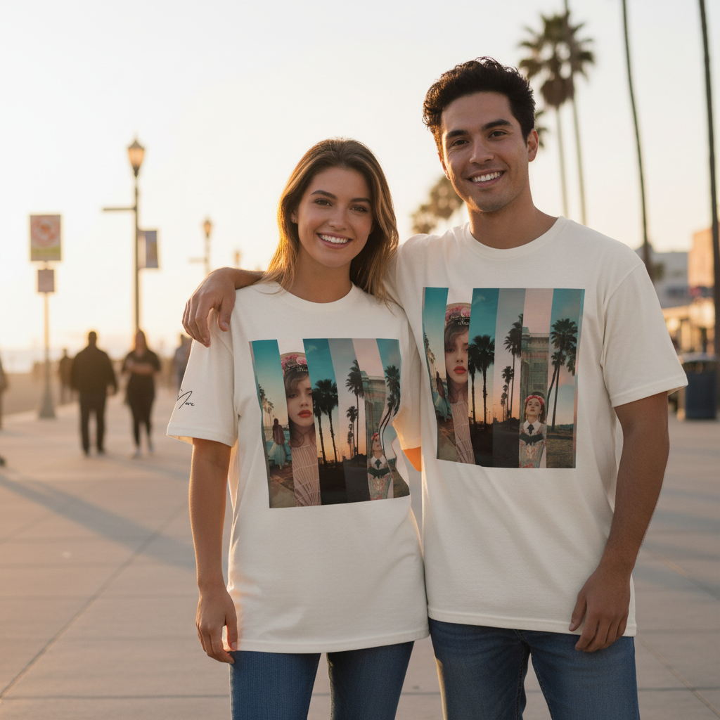 Weiße baumwoll t-shirts mit vibrantem vertikal gestreiftem grafikdruck von gesichtern und palmen vor sonnenuntergang