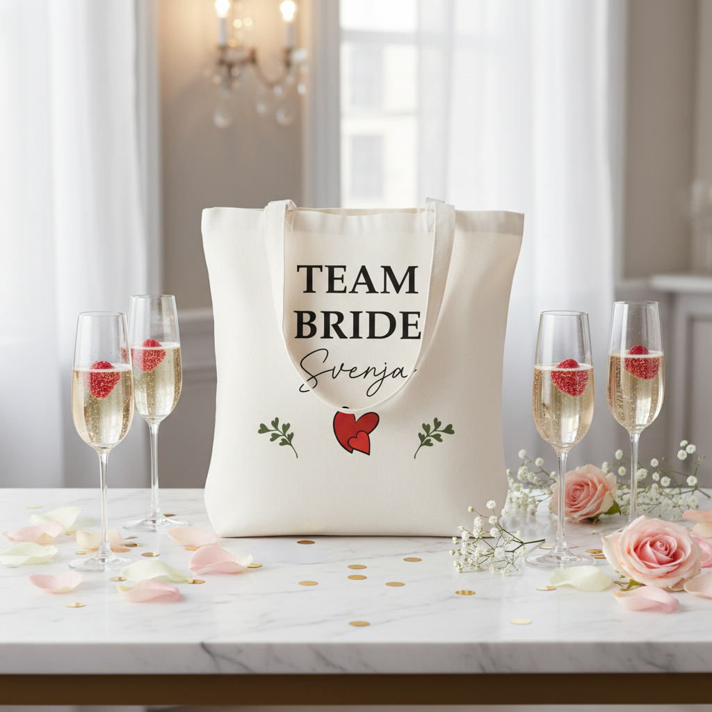 Personalisierter creamfarbener canvas Jutebeutel mit schwarzem team bride text, svenja name in kursiv und rotem herz mit grünen blättern