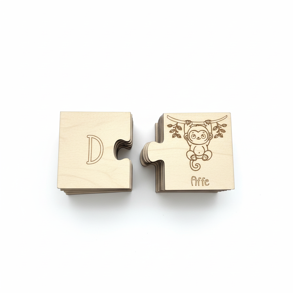Two stacks of wooden animal learning puzzle pieces by flyliving, with engraved letter 'D' and a monkey illustration labeled 'Affe'.