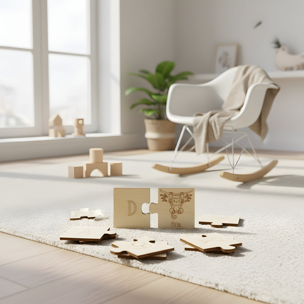 Wooden animal learning puzzle by flyliving, showing engraved monkey and D pieces on a light rug.