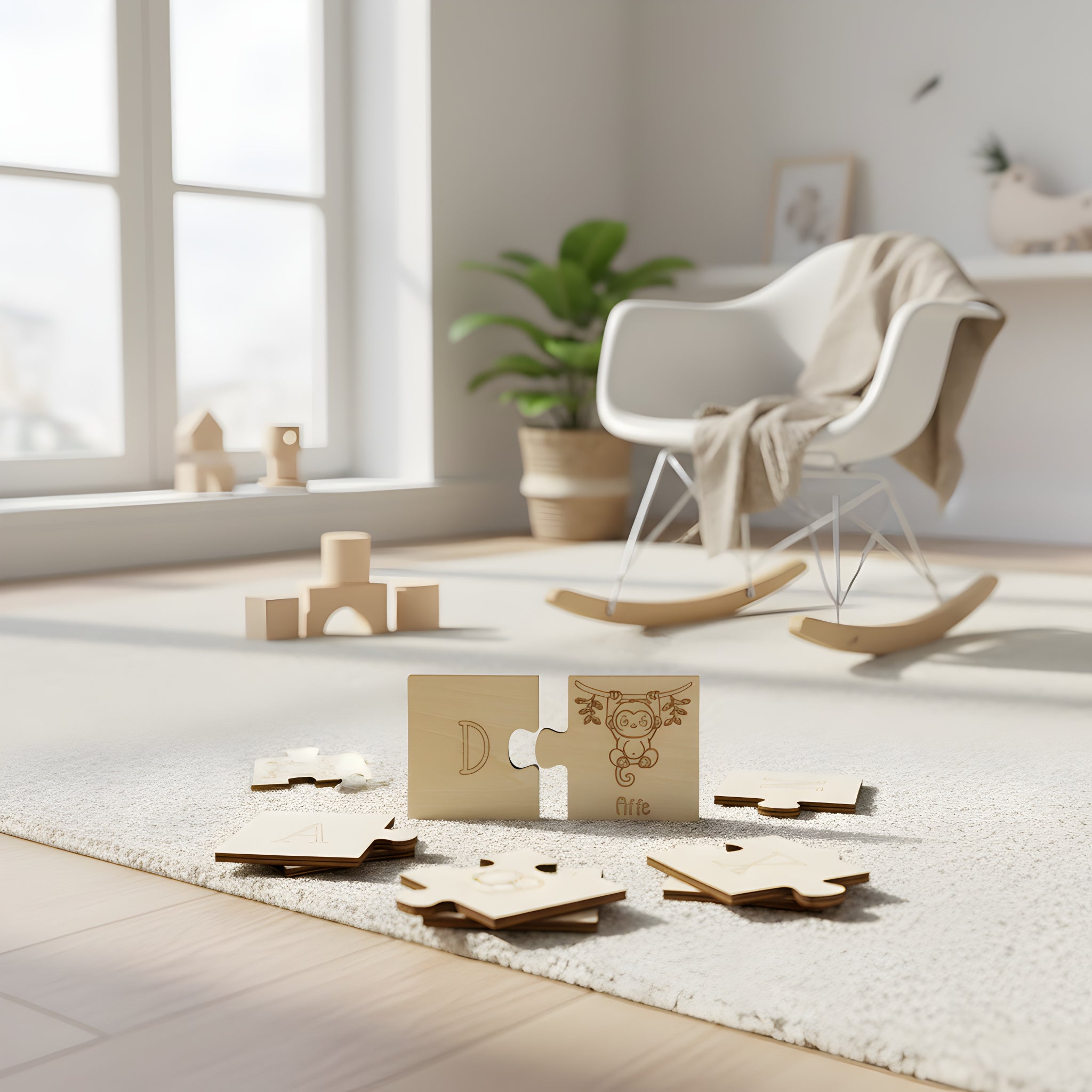 Wooden animal learning puzzle by flyliving, showing engraved monkey and D pieces on a light rug.