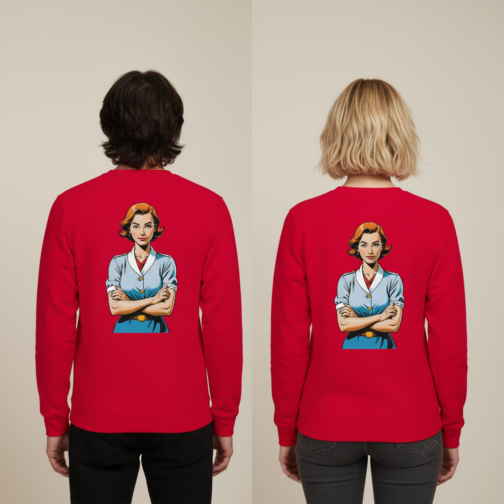 Roter vintage comic pullover mit langärmeliger baumwolle und humorvollem sarcastischem frauendesign für den alltag